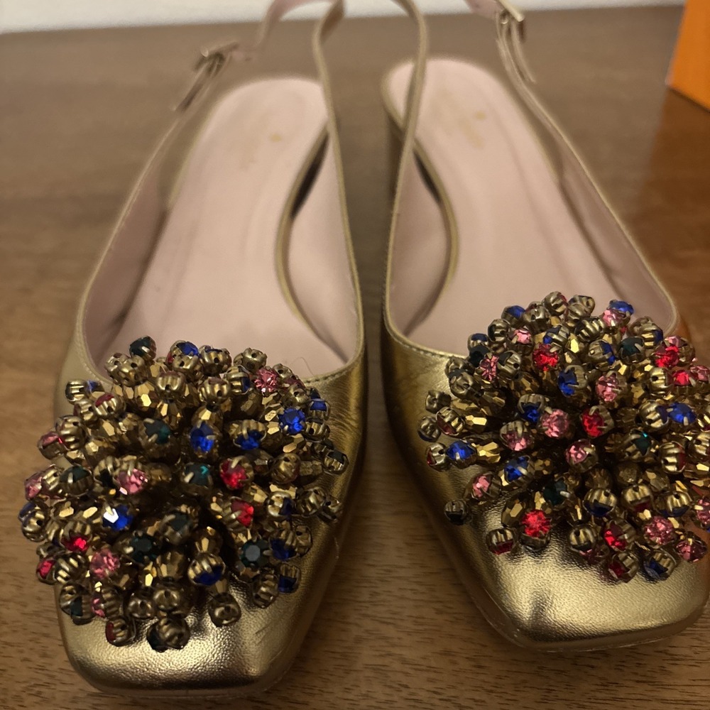 Kate Spade Maren Old Gold Metallic Nappa Leather Slingback Heel Gold Pom Toe 8.5 - Picture 3 of 6